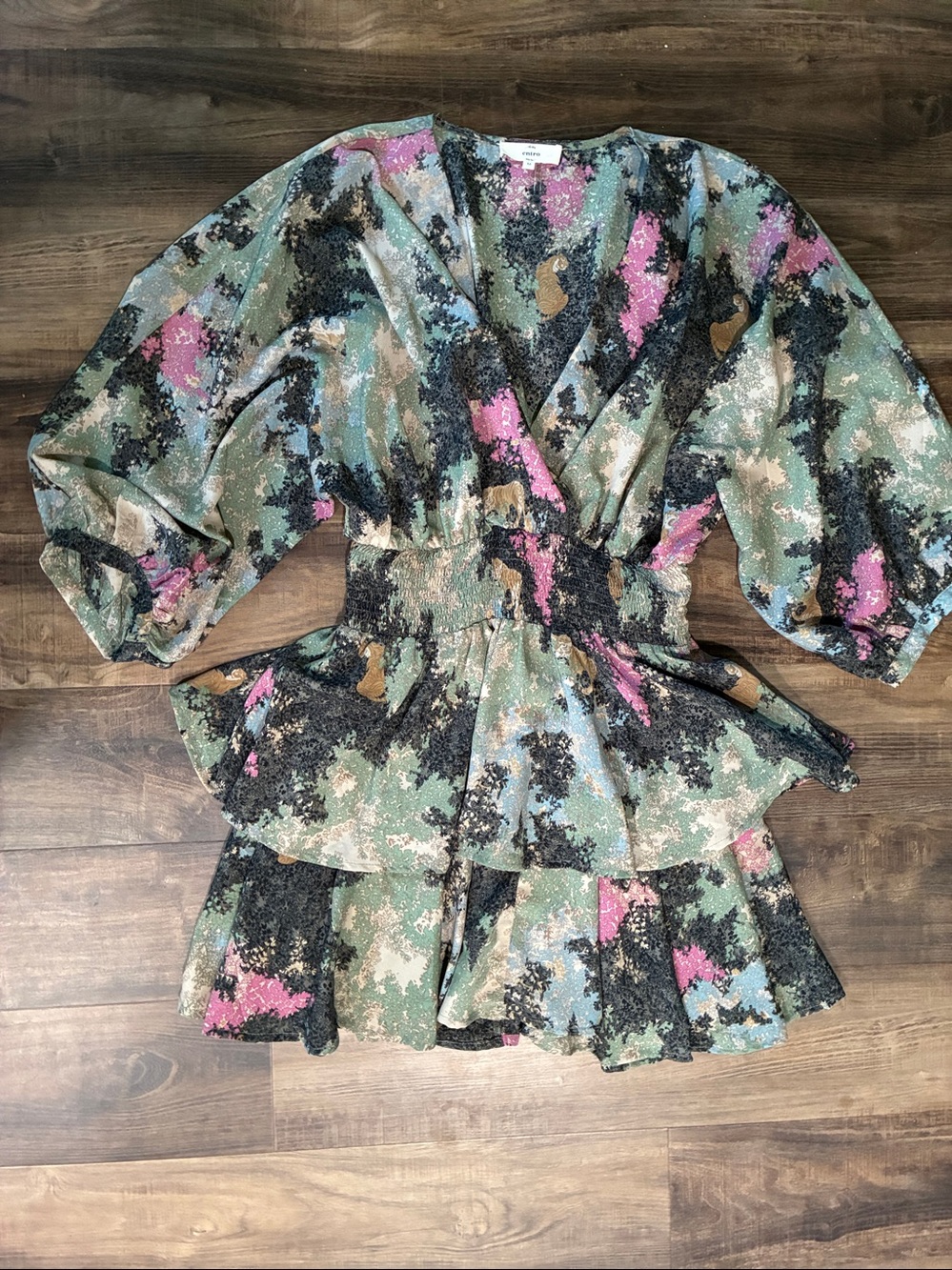 entro Floral V-Neck Mini Dress in Sage, Pink & Black